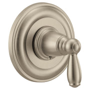 Brushed nickel single-handle shower valve trim with circular escutcheon and lever handle.