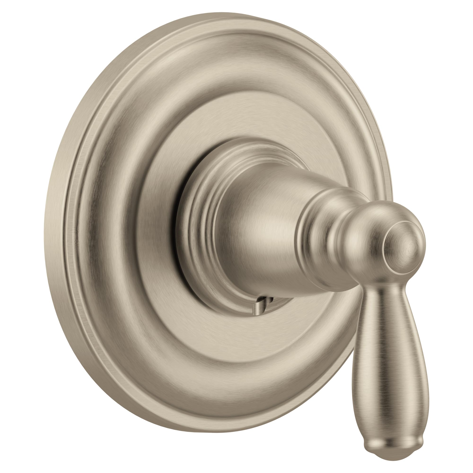 Brushed nickel single-handle shower valve trim with circular escutcheon and lever handle.