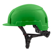 Green safety helmet with front brim, black chin strap and adjustment system visible.