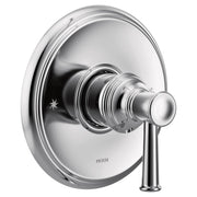 Chrome valve trim kit with circular escutcheon plate and single lever handle in polished finish.