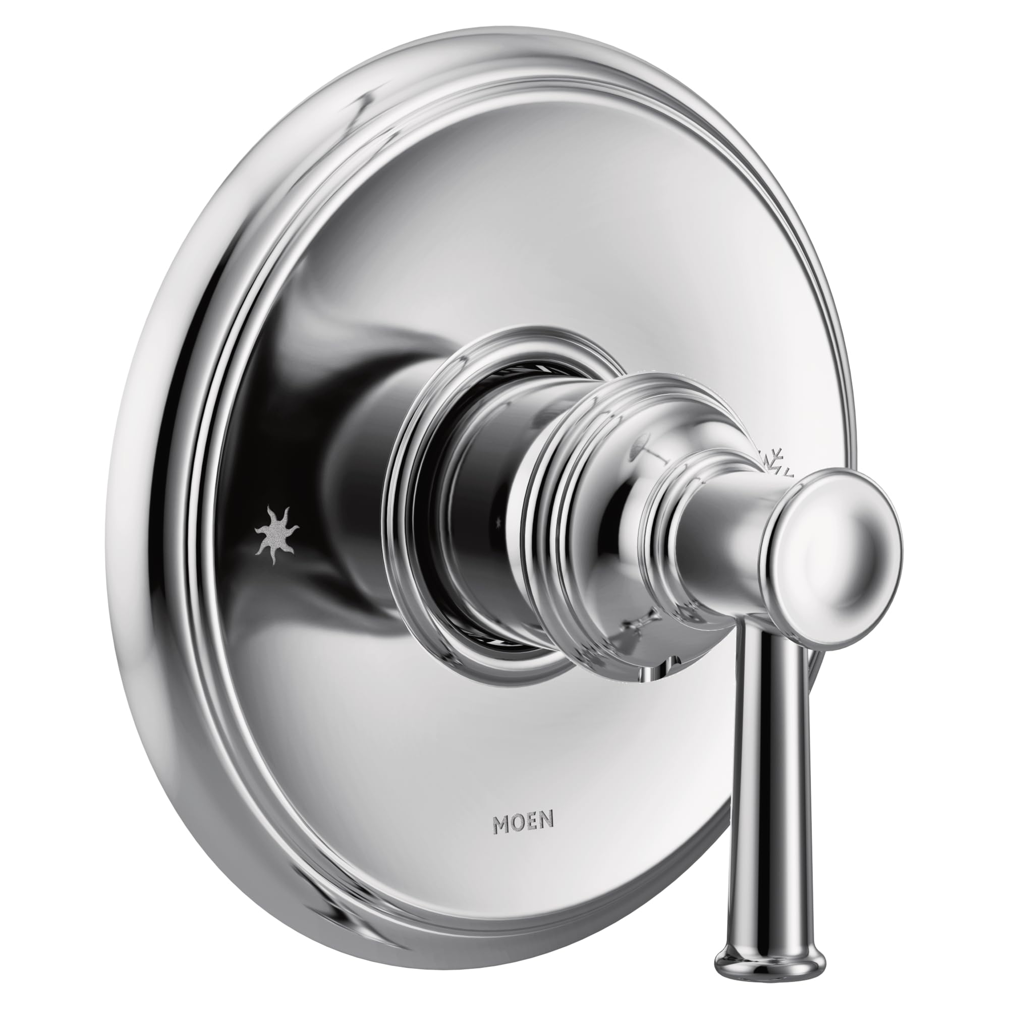 Chrome valve trim kit with circular escutcheon plate and single lever handle in polished finish.