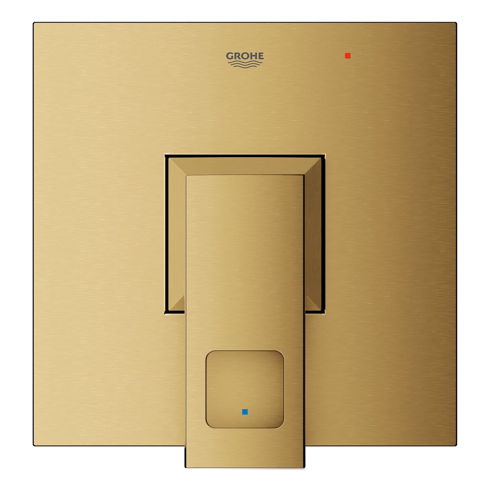Grohe Eurocube brushed gold valve trim with square handles and cartridge visible in center opening.