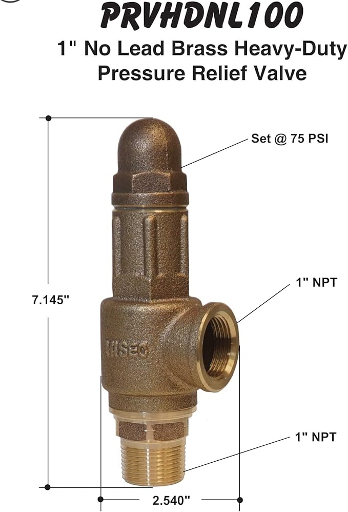 Brass pressure relief valve with 1-inch NPT connections, rounded top, set at 75 PSI, 7.145 inches tall.