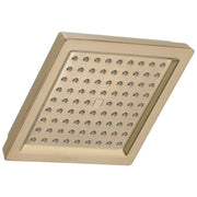 Square champagne bronze raincan shower head with multiple water jets and recessed trim ring.