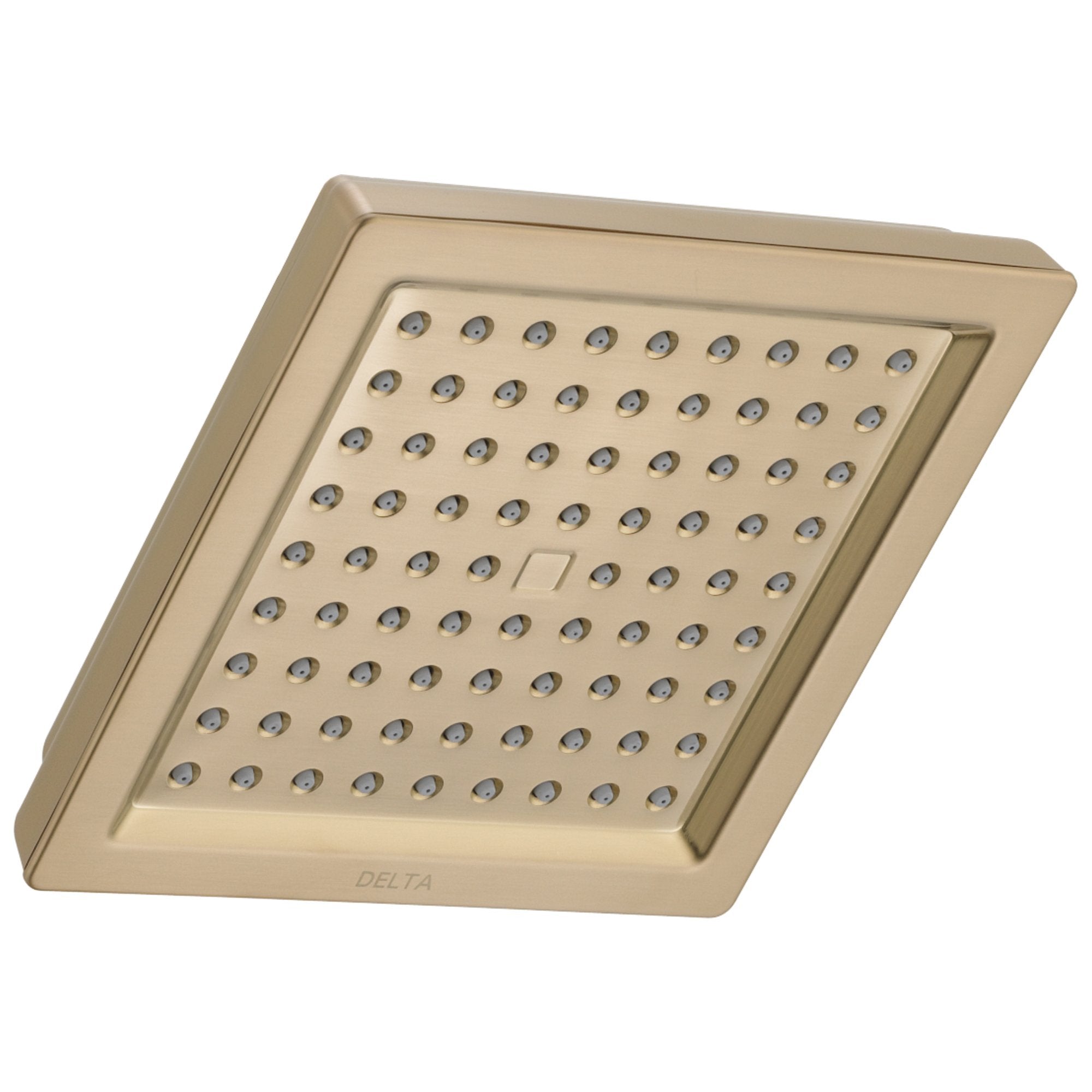 Square champagne bronze raincan shower head with multiple water jets and recessed trim ring.