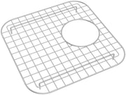 Stainless steel wire sink grid with square mesh pattern and circular drain opening for bar sink.