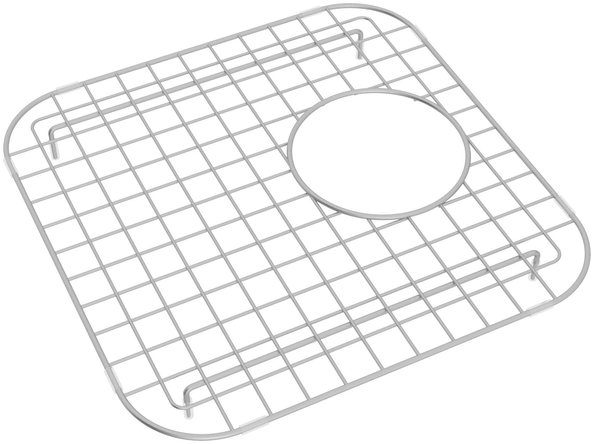 Stainless steel wire sink grid with square mesh pattern and circular drain opening for bar sink.