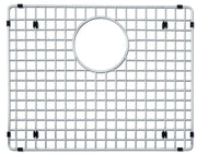 Stainless steel sink grid with square mesh pattern, circular drain opening, and black corner clips.