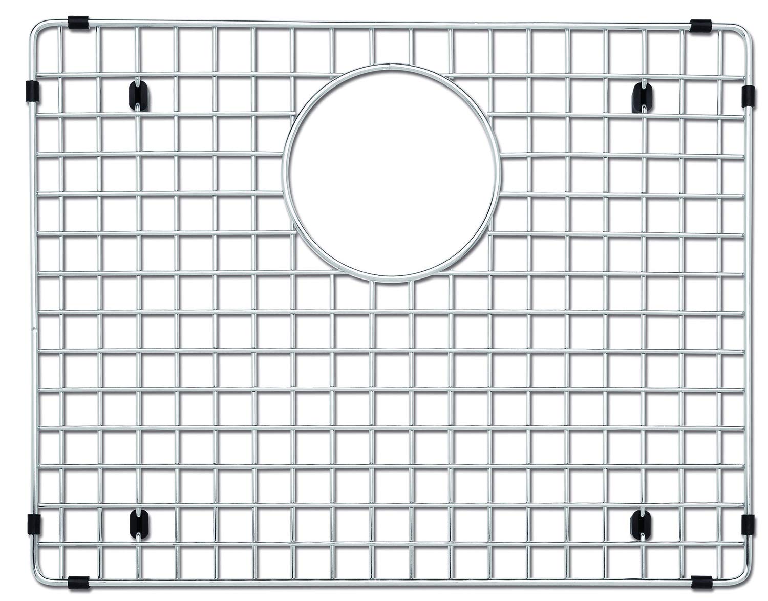 Stainless steel sink grid with square mesh pattern, circular drain opening, and black corner clips.
