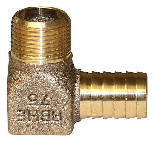 Bronze elbow fitting with threaded male inlet on top and barbed hose connection on side.
