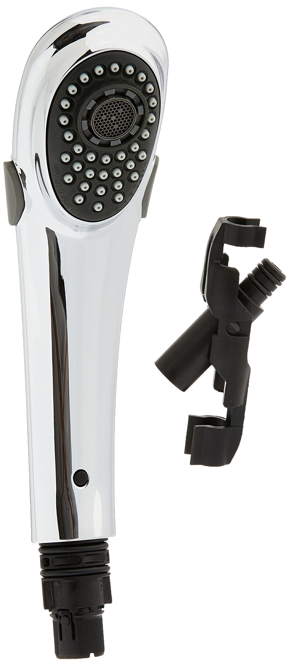 Chrome and black pull-out wand assembly with multi-jet showerhead and adjustable holder bracket.