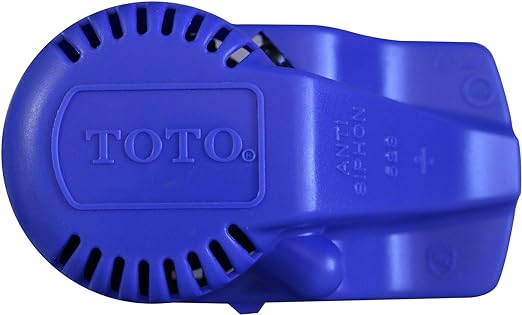Blue plastic Toto toilet fill valve assembly with adjustment slots and embossed TOTO branding on top surface.