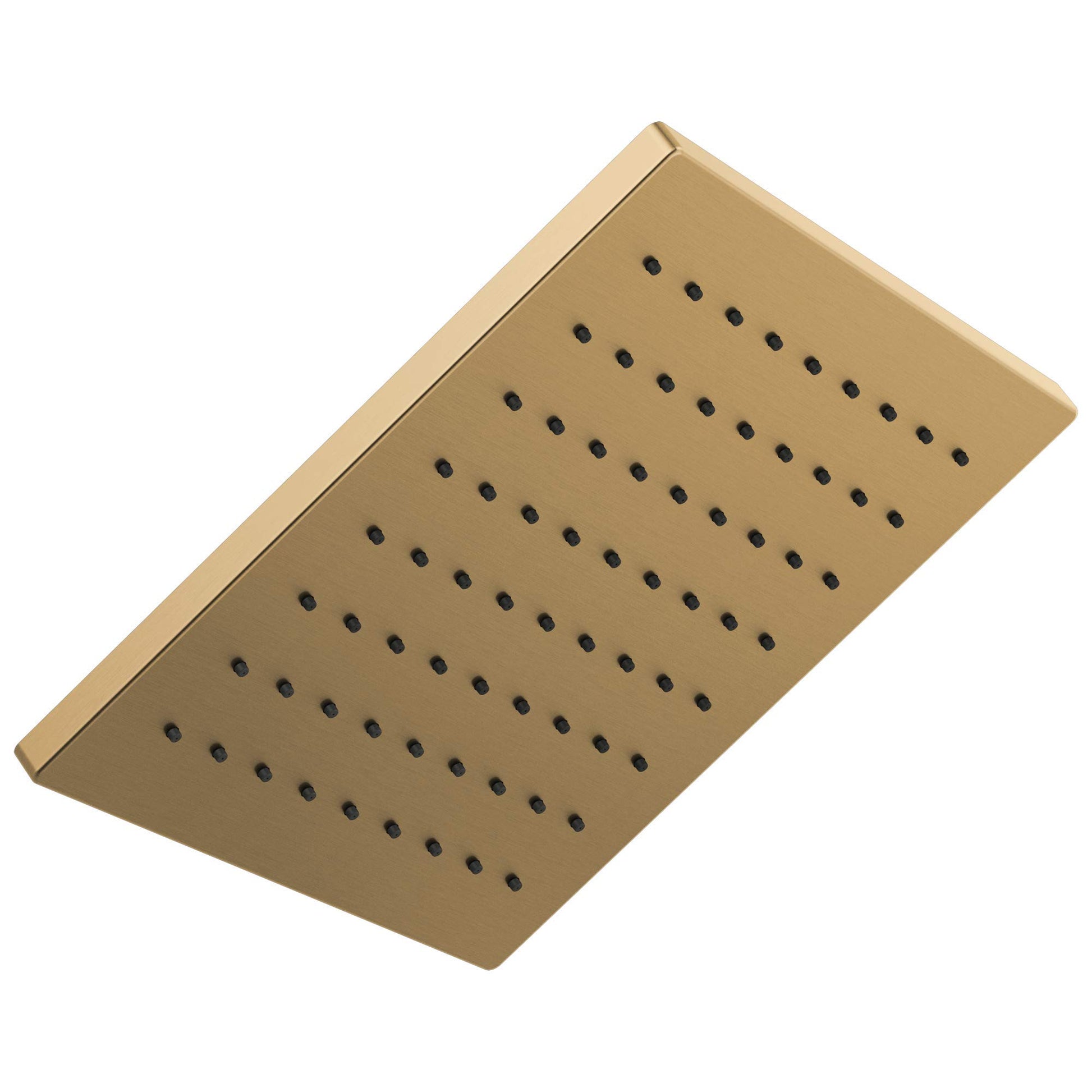 Square brushed gold metal shower head with multiple small spray holes arranged in rows.