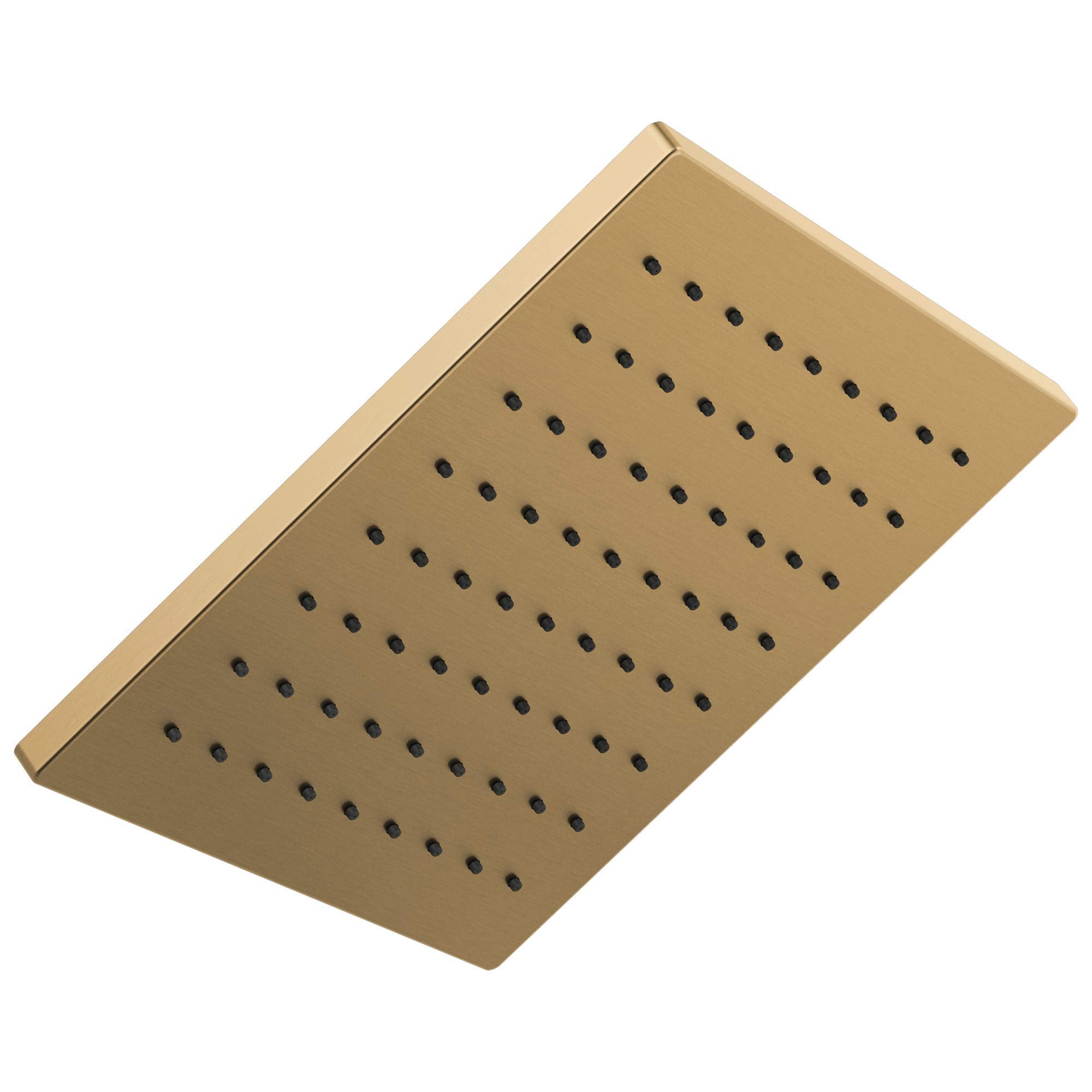 Square brushed gold metal shower head with multiple small spray holes arranged in rows.