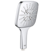 Chrome hand shower with square face featuring multiple spray holes and two control levers on handle.