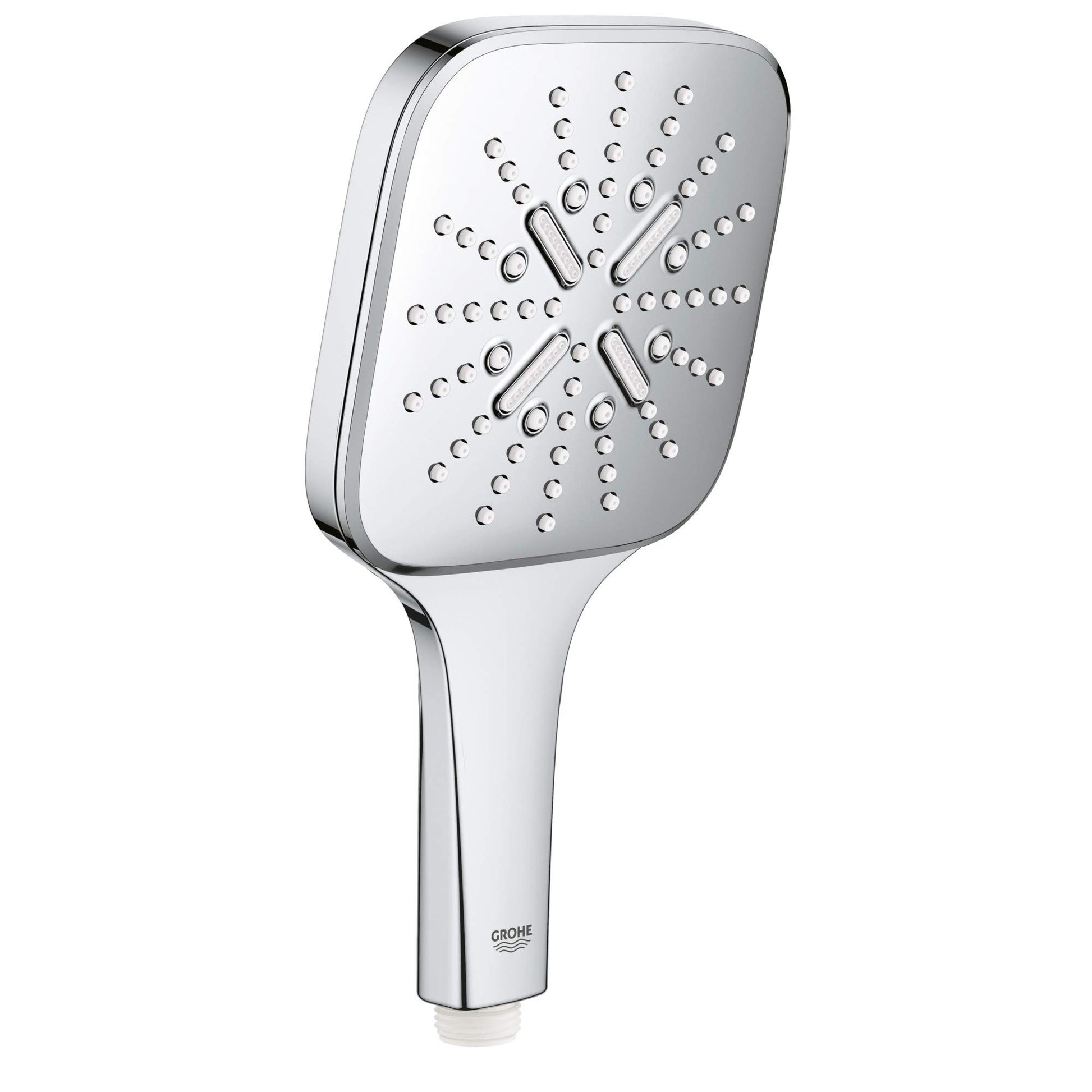 Chrome hand shower with square face featuring multiple spray holes and two control levers on handle.