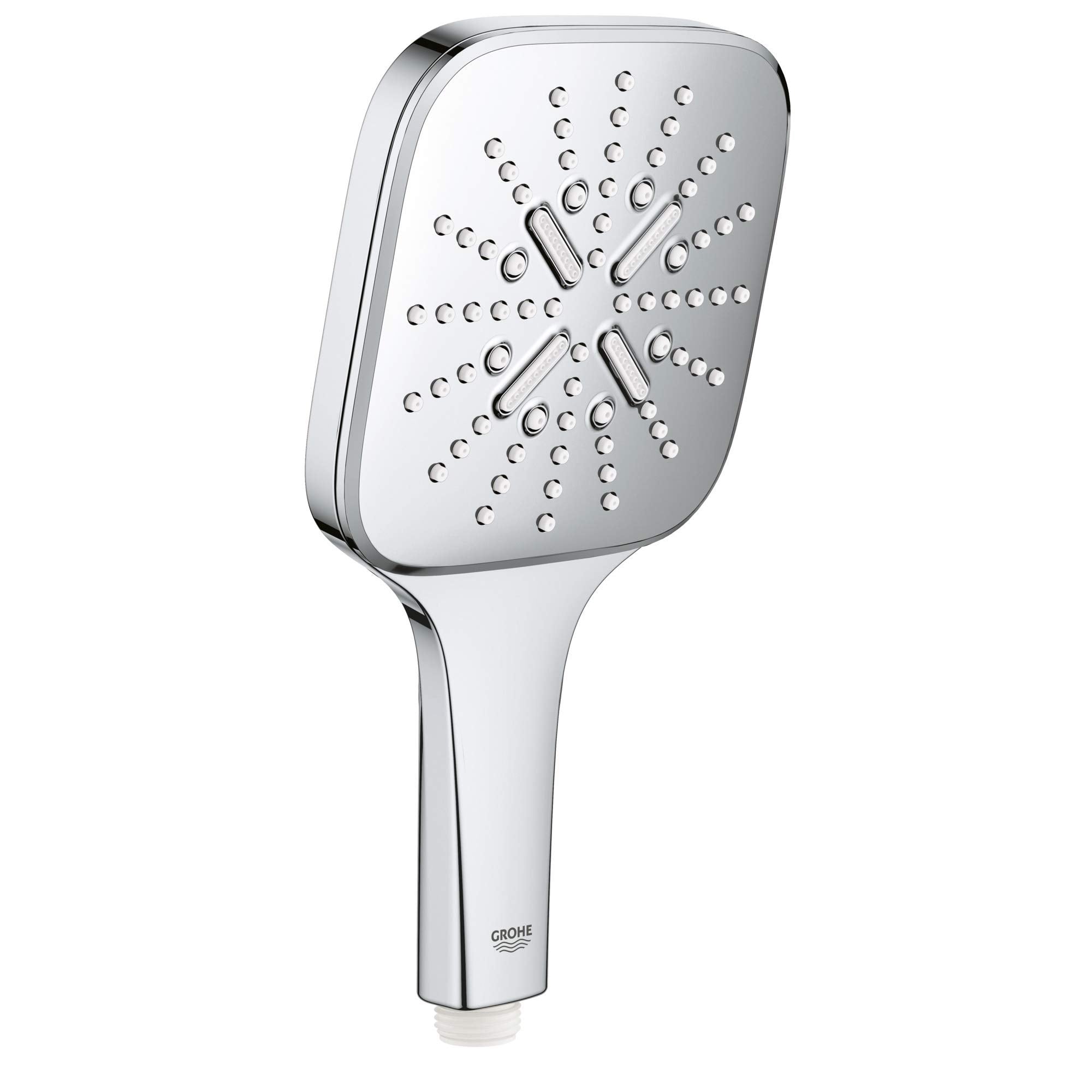 Chrome hand shower with square face featuring multiple spray holes and two control levers on handle.