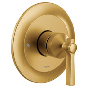 Brushed gold single-handle valve trim with oval escutcheon and lever handle.