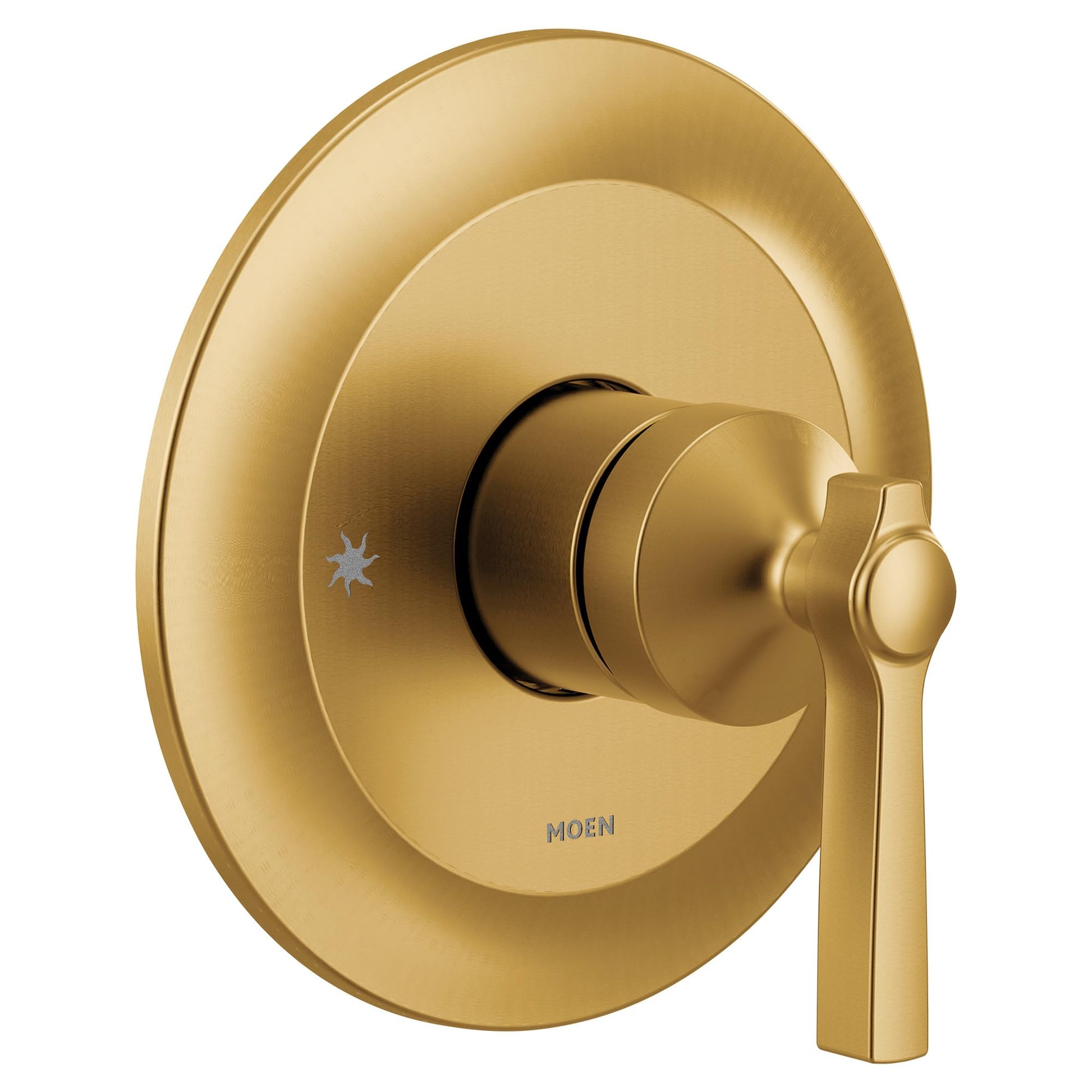 Brushed gold single-handle valve trim with oval escutcheon and lever handle.