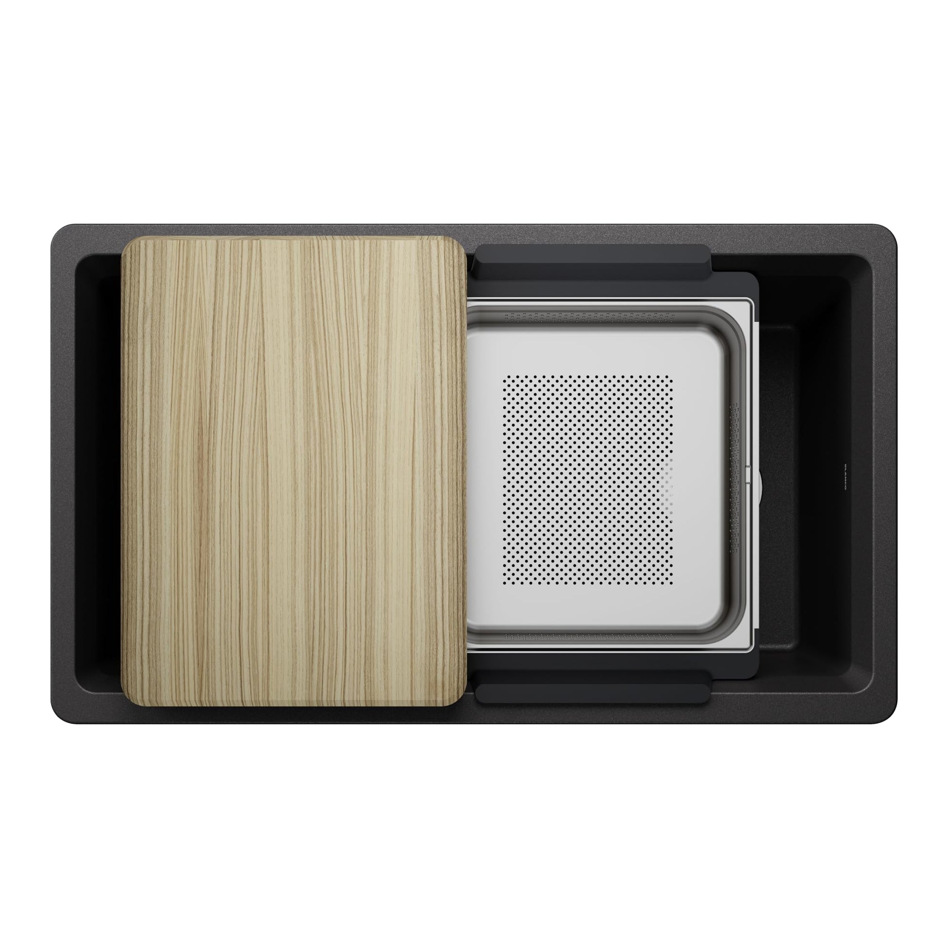 Anthracite kitchen sink with wooden cutting board and stainless steel colander insert, viewed from above.