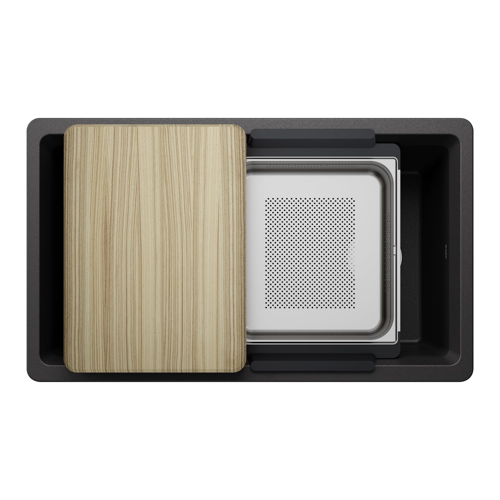 Anthracite kitchen sink with wooden cutting board and stainless steel colander insert, viewed from above.