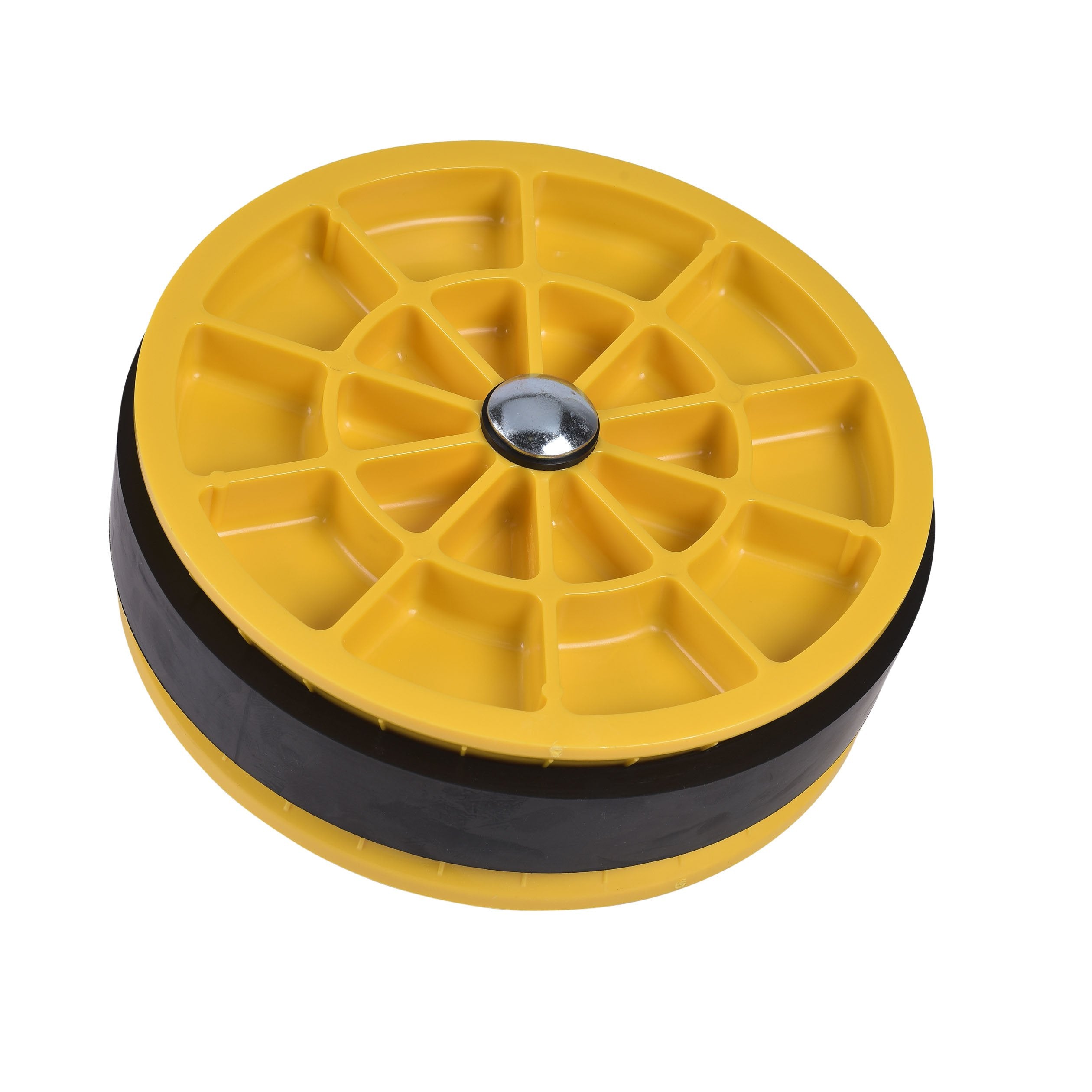 Yellow mechanical pipe plug with black rubber seal and center adjustment knob for 8-inch pipes.