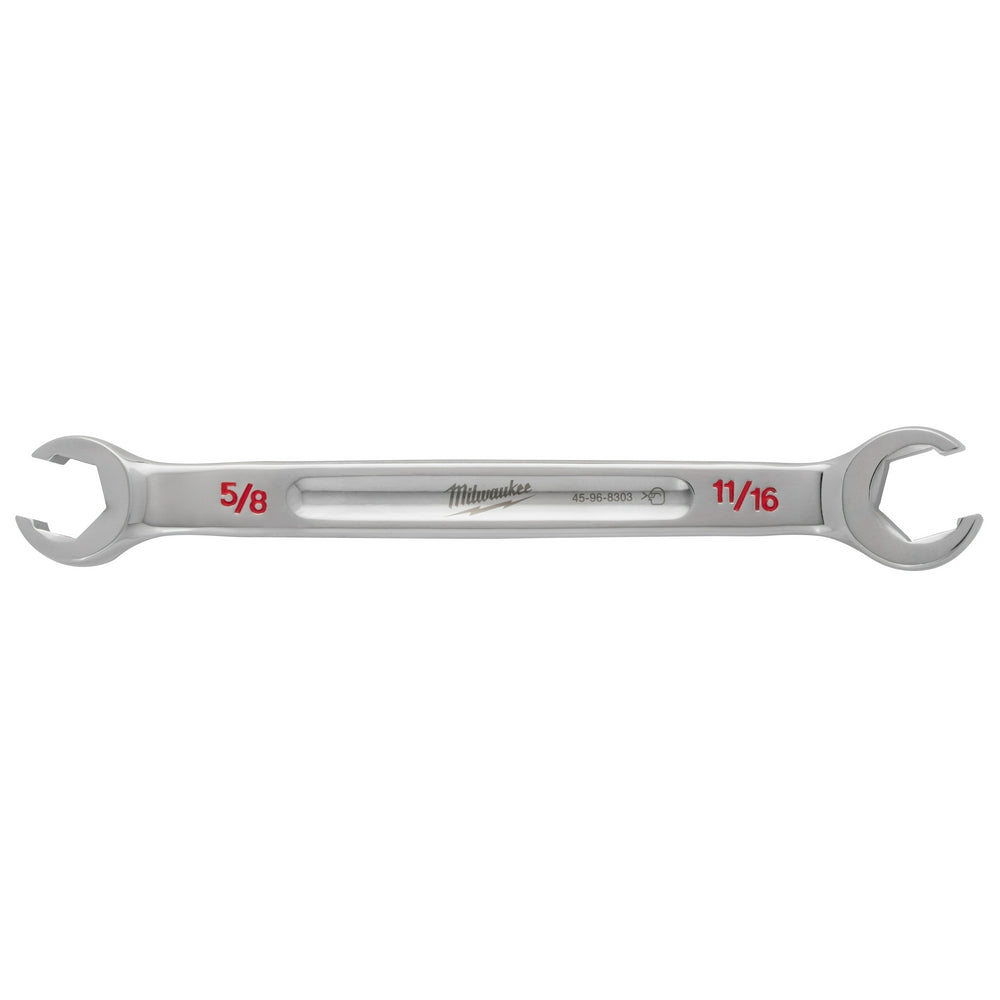 Silver double end flare nut wrench with 5/8" and 11/16" openings and Milwaukee branding.