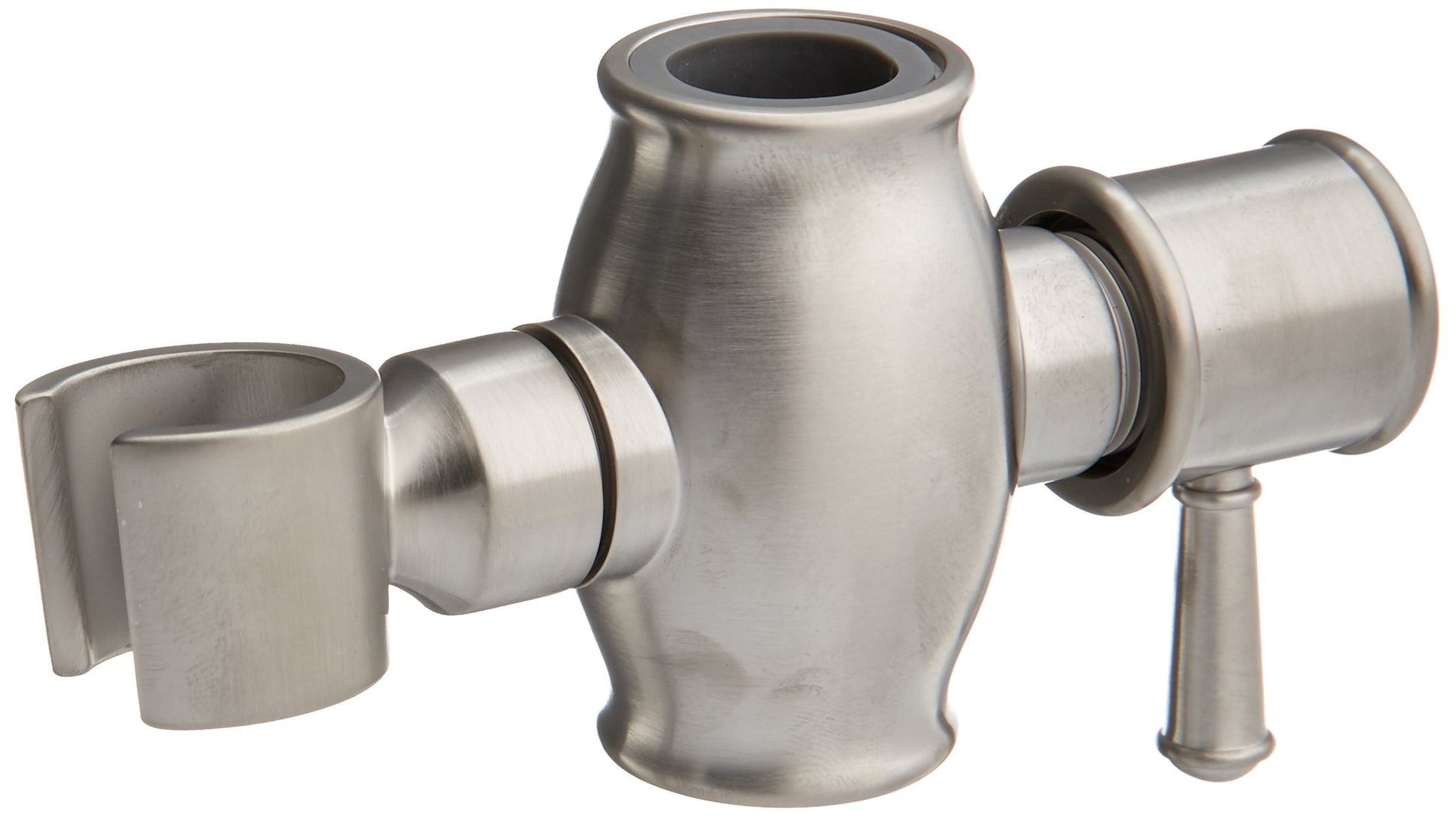Stainless steel slide bar mechanism with cylindrical body, two connector ports, and adjustable slide grip on left side.