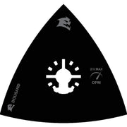 Black triangular sanding pad with universal fit connection point and 2/3 max OPM rating marking.