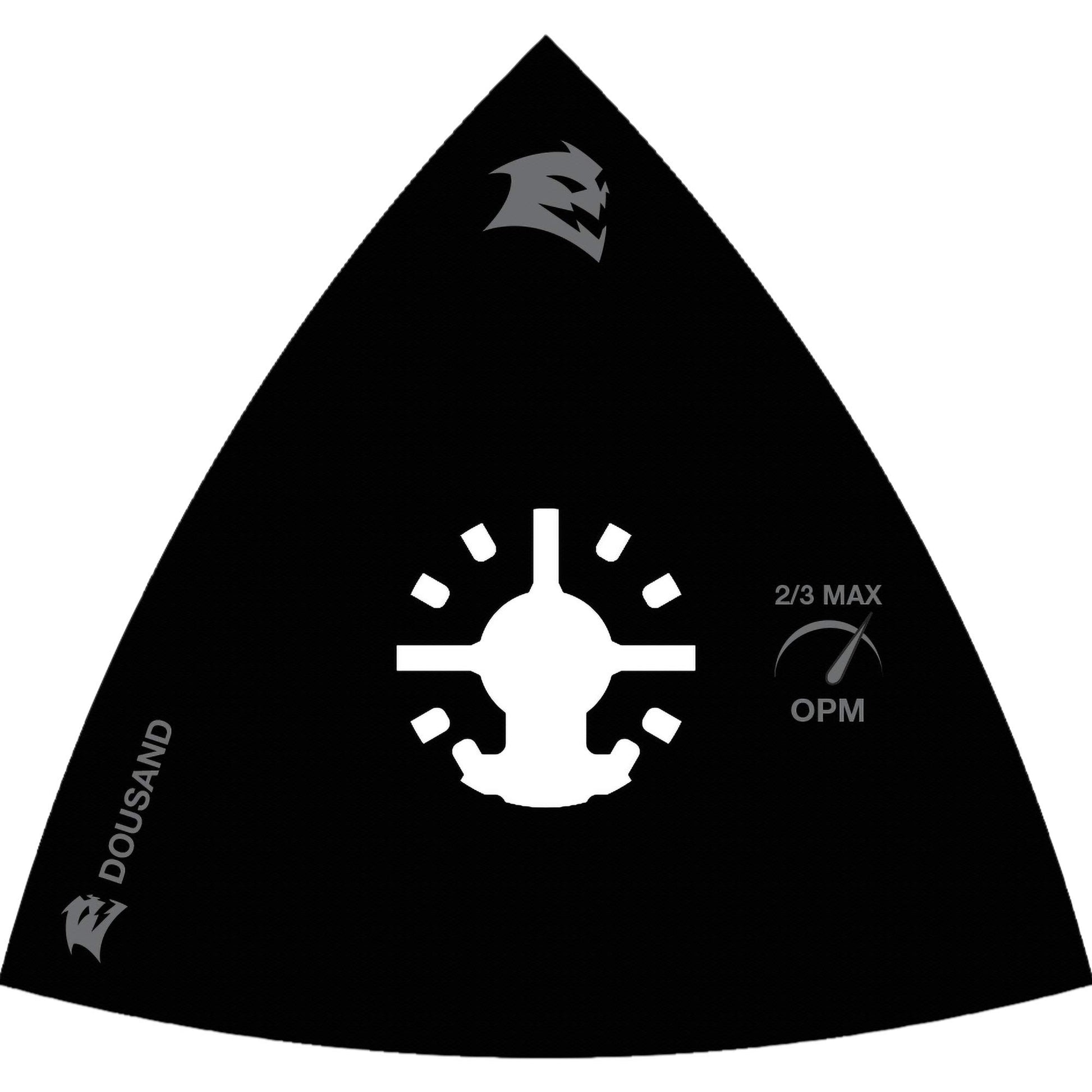 Black triangular sanding pad with universal fit connection point and 2/3 max OPM rating marking.