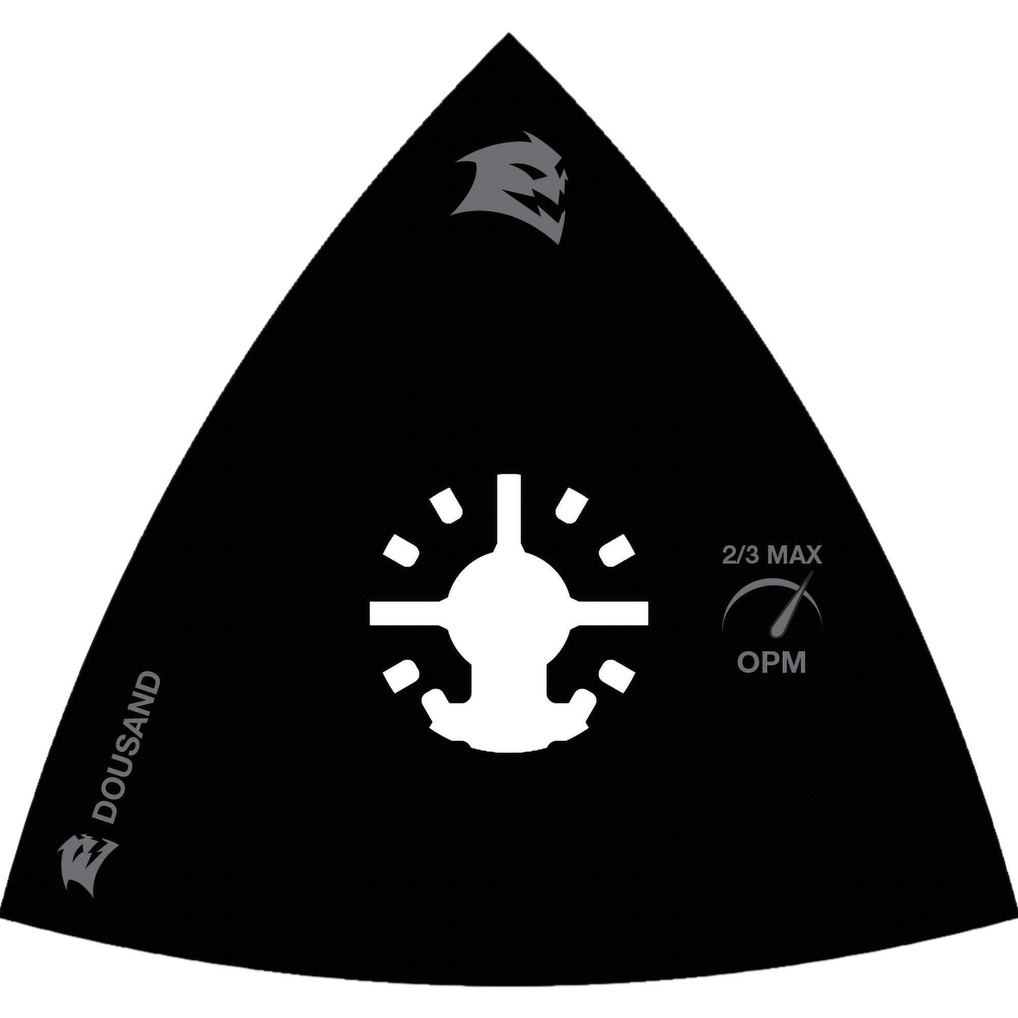 Black triangular sanding pad with universal fit connection point and 2/3 max OPM rating marking.