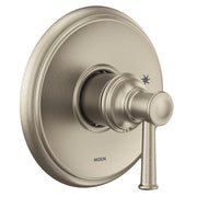 Brushed nickel single-handle shower trim with circular escutcheon plate and lever handle.