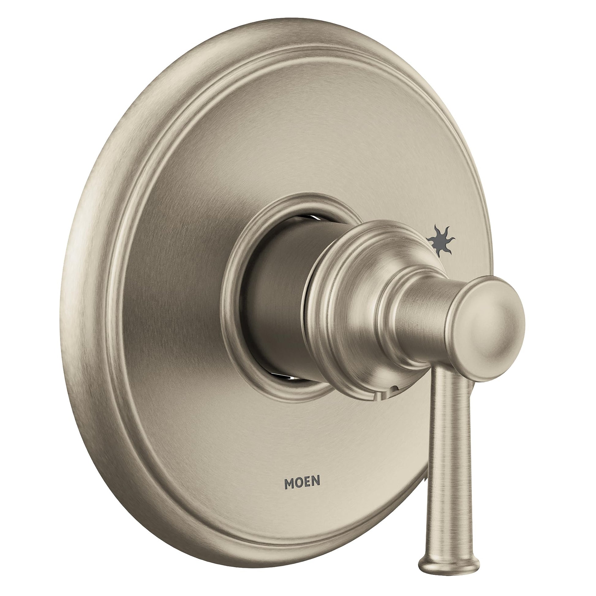 Brushed nickel single-handle shower trim with circular escutcheon plate and lever handle.