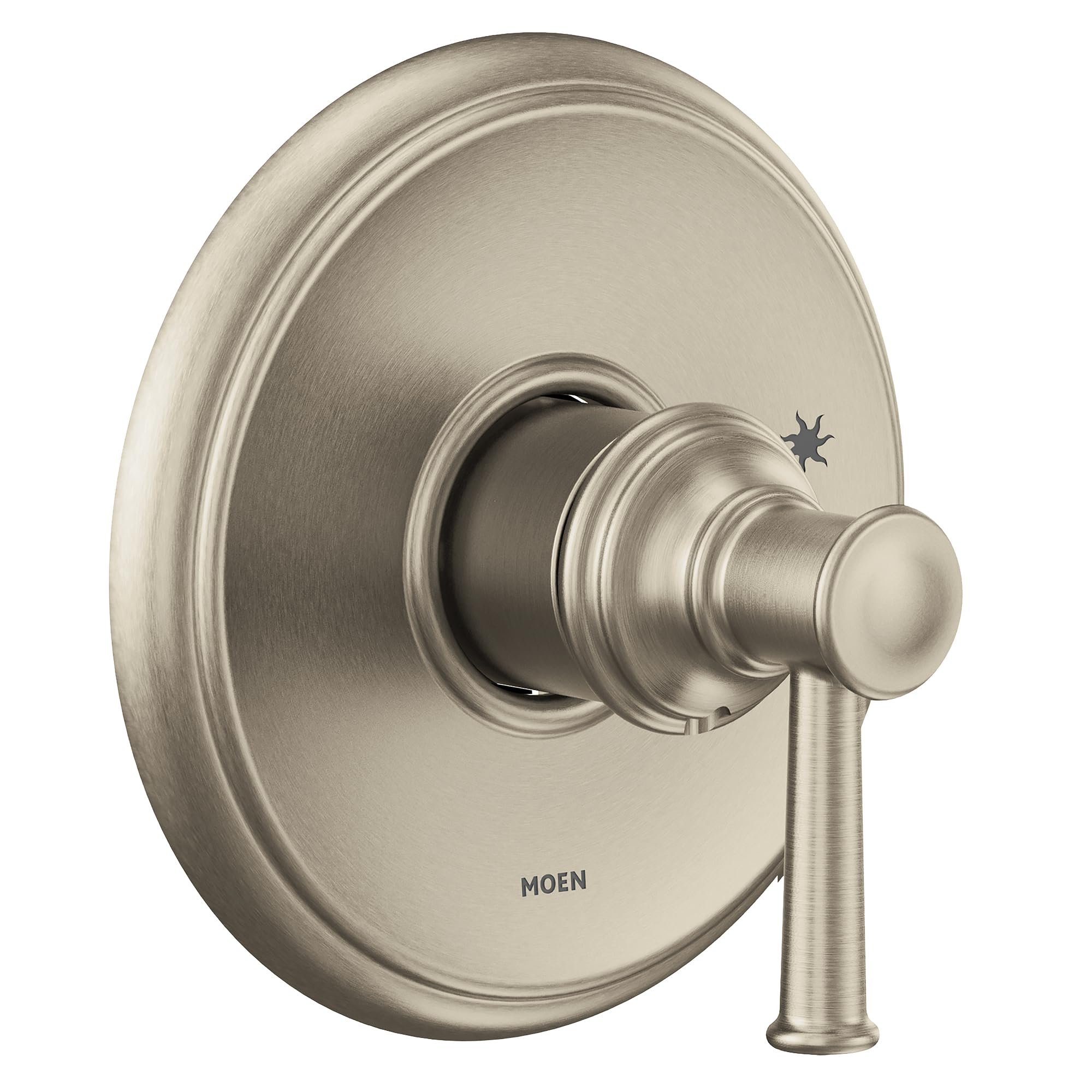 Brushed nickel single-handle shower trim with circular escutcheon plate and lever handle.