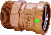 Copper press adapter with male threaded connection on left and female socket on right, marked with Viega and NSF certificatio