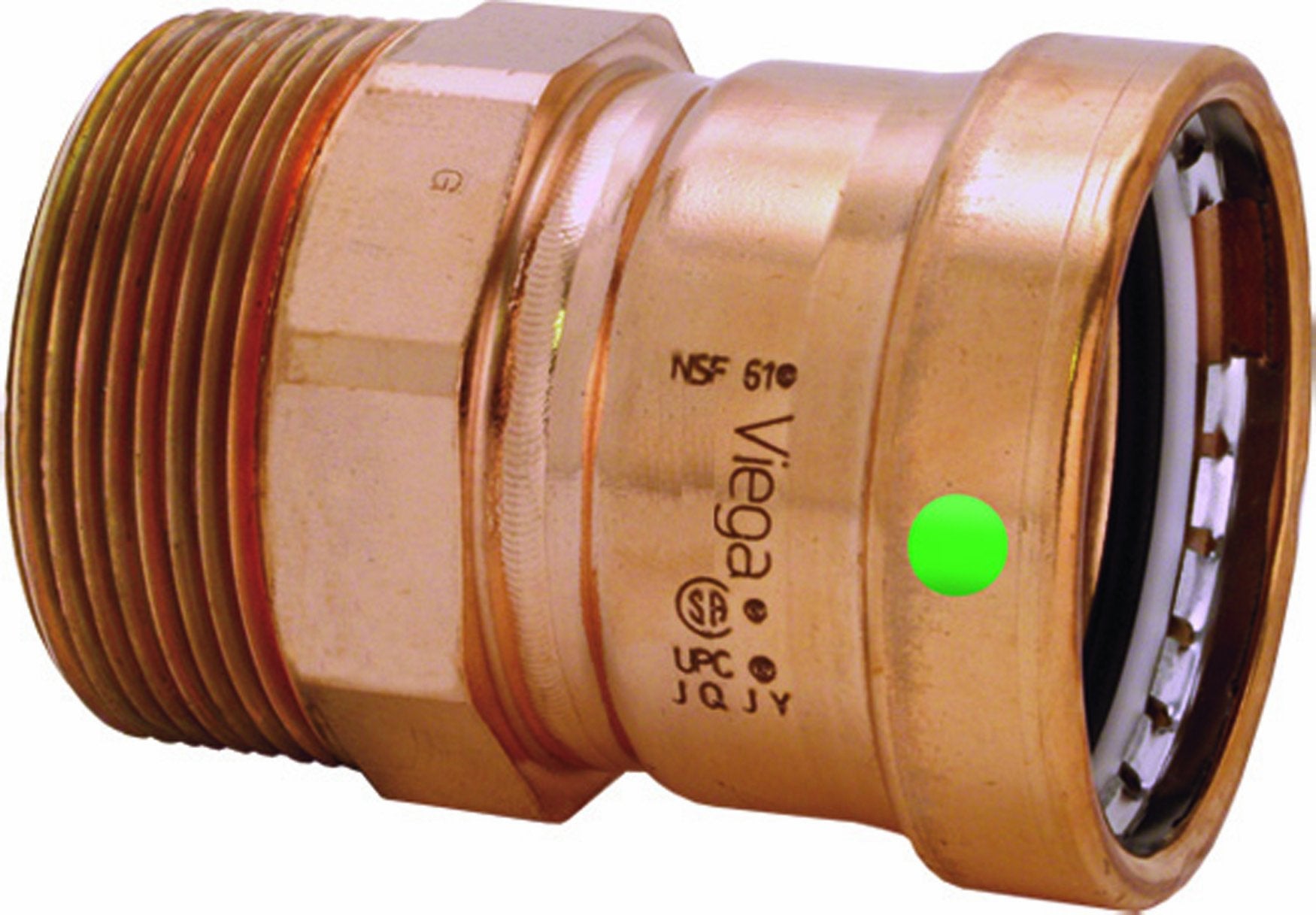 Copper press adapter with male threaded connection on left side and press fit socket on right side.