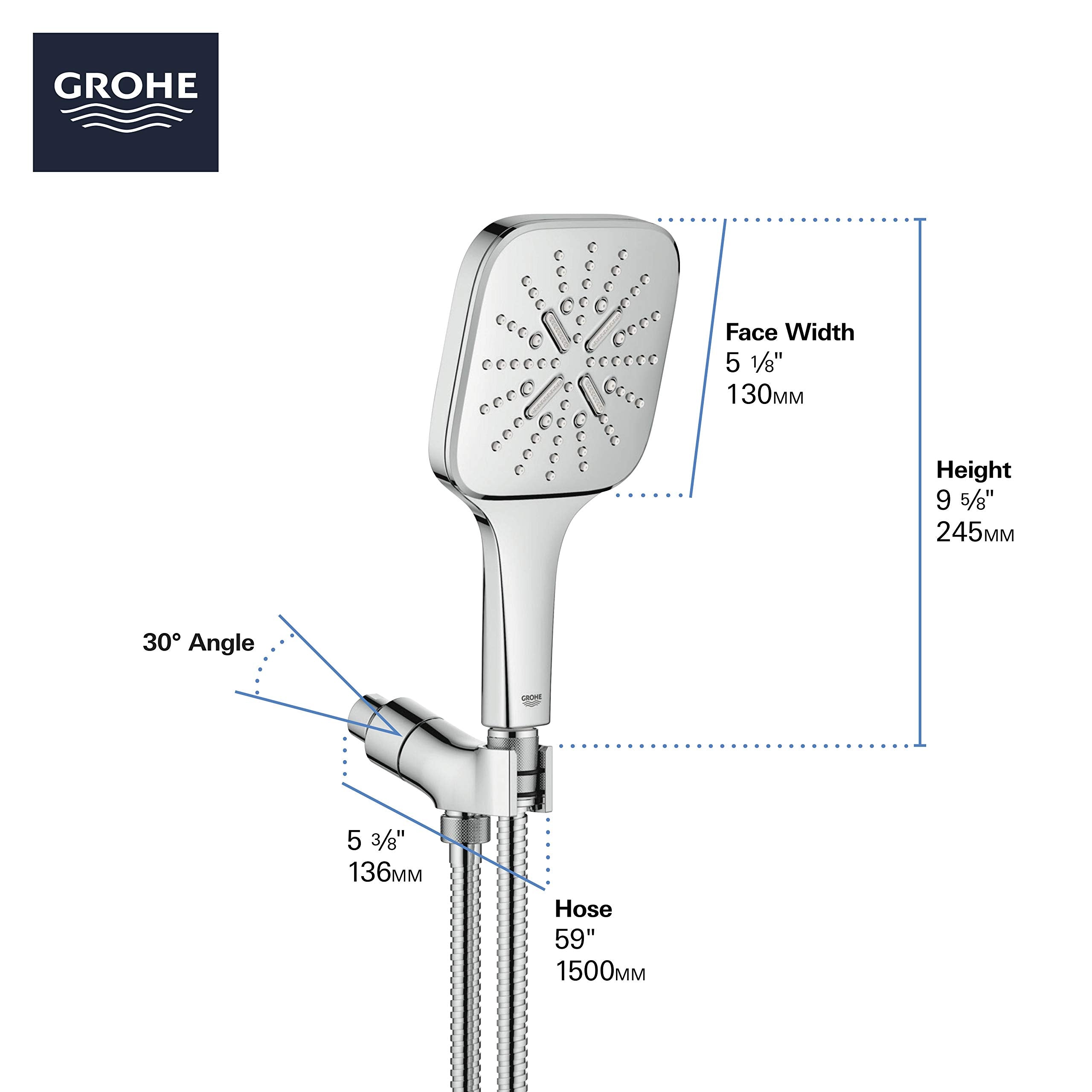 Chrome hand shower with square face, perforated spray pattern, angled connector, and flexible hose with dimensions labeled.