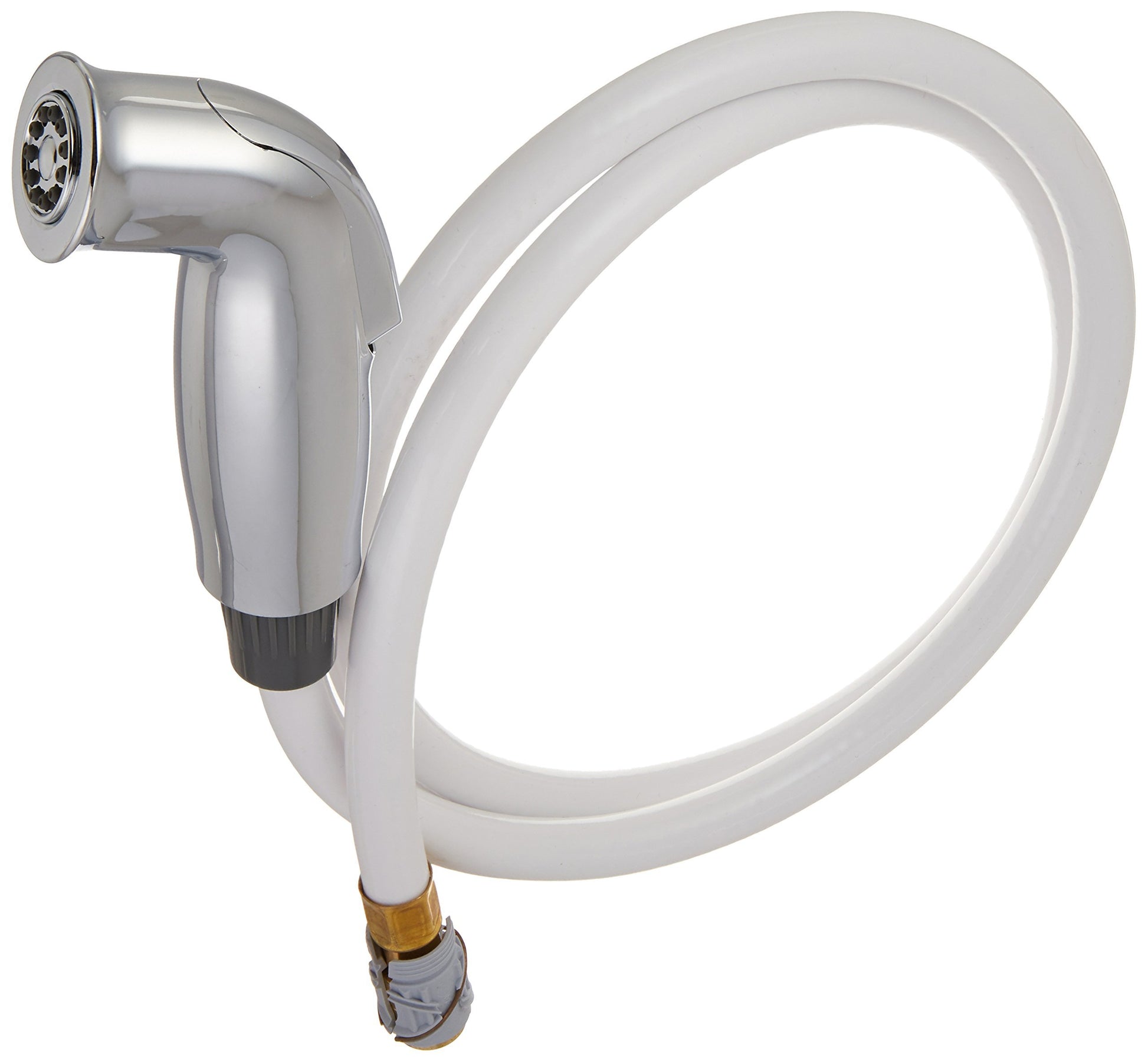 Chrome spray assembly with flexible hose and trigger handle, featuring perforated spray head and brass connector.