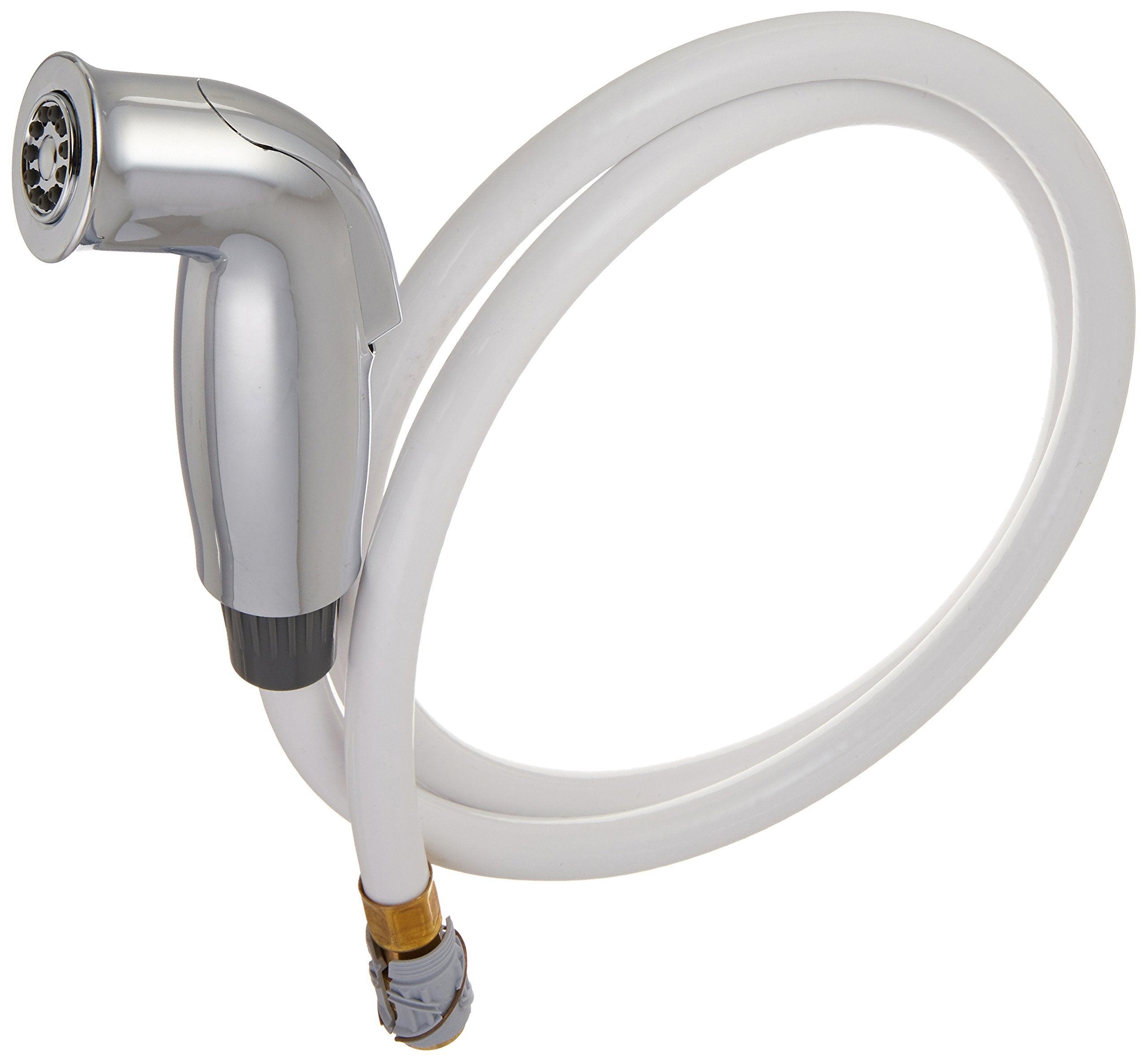 Chrome spray assembly with flexible hose and trigger handle, featuring perforated spray head and brass connector.