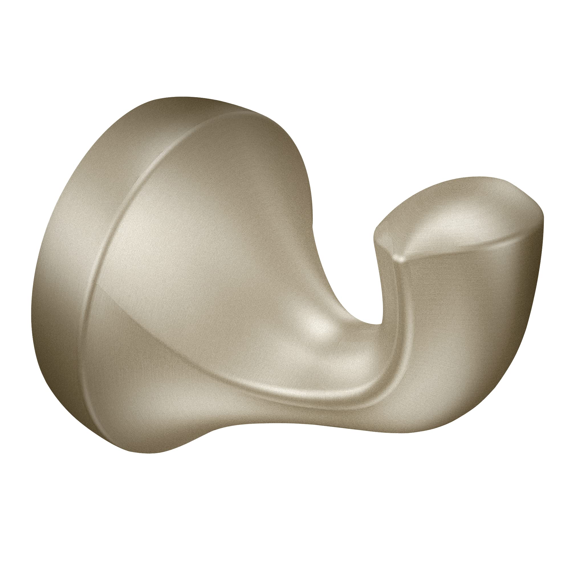 Brushed nickel wall-mount robe hook with curved double-hook design and rounded finial ends.