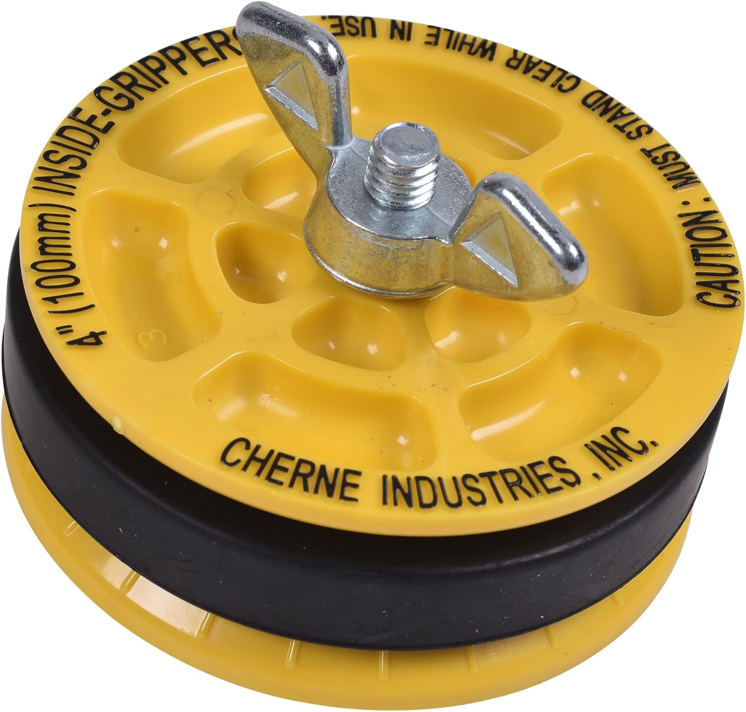 Yellow 4-inch inside gripper with metal clamp mechanism and black rubber ring, branded Cherne Industries.