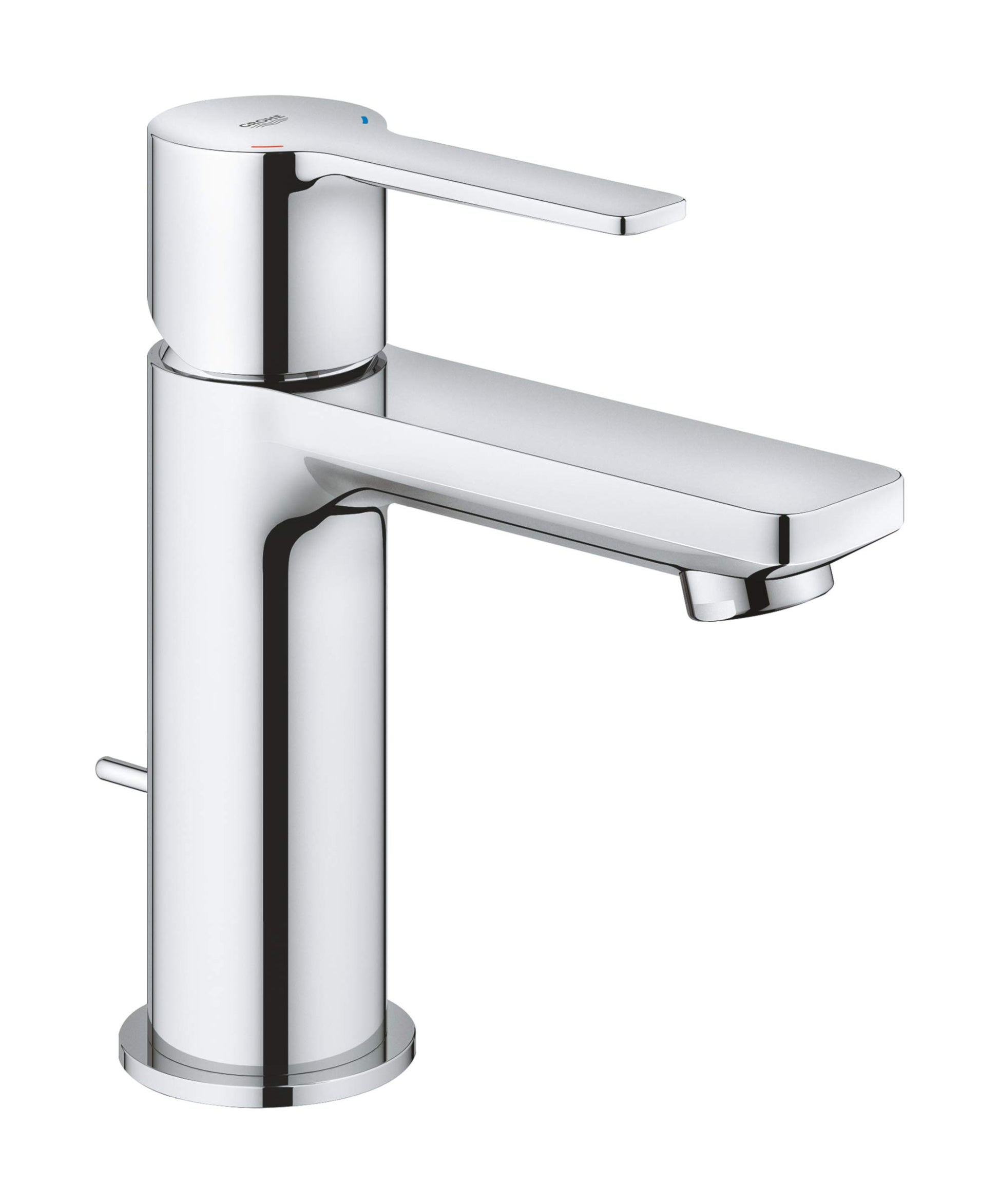 Chrome single-handle bathroom faucet with cylindrical body and extended rectangular spout.