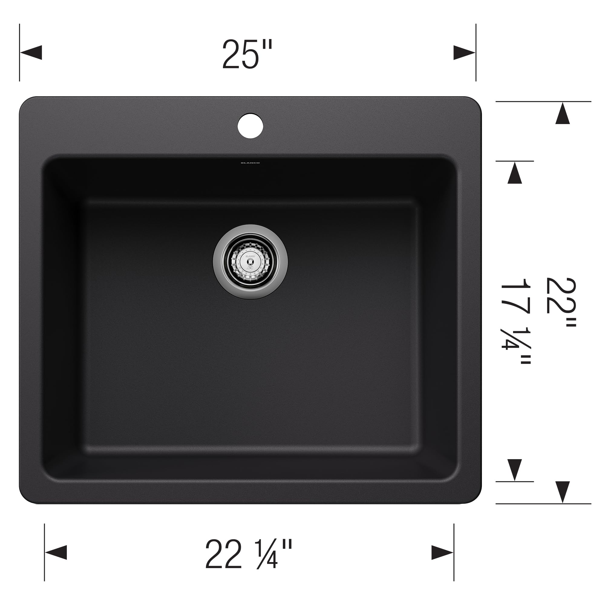Coal black single bowl kitchen sink with rounded corners, drain hole, and faucet mounting hole, measuring 25" wide by 22" dee