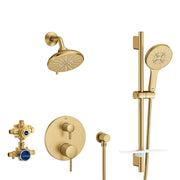 Grohe brushed cool sunrise shower set with wall-mounted showerhead, handheld shower, vertical rail, valve trim, and pressure 