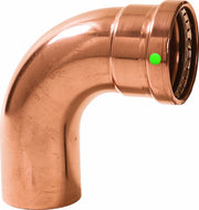 Copper 90-degree elbow fitting with press connections on both ends and green identification dot.