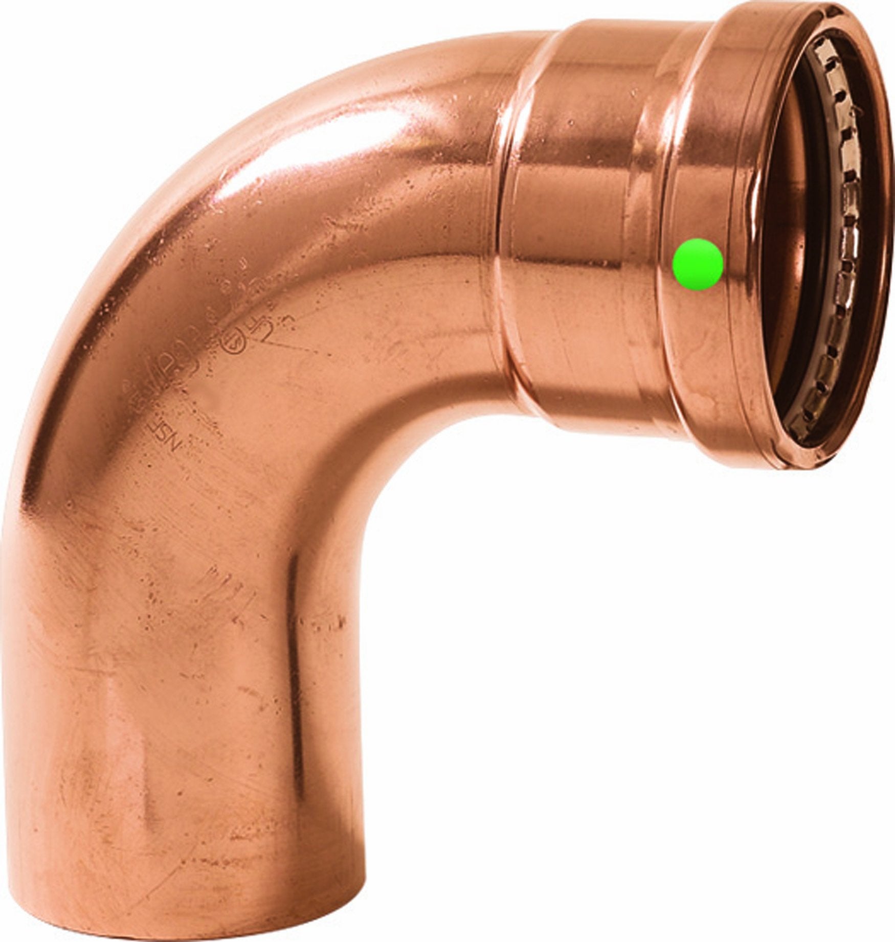 Copper 90-degree elbow fitting with press connections on both ends and green identification dot.