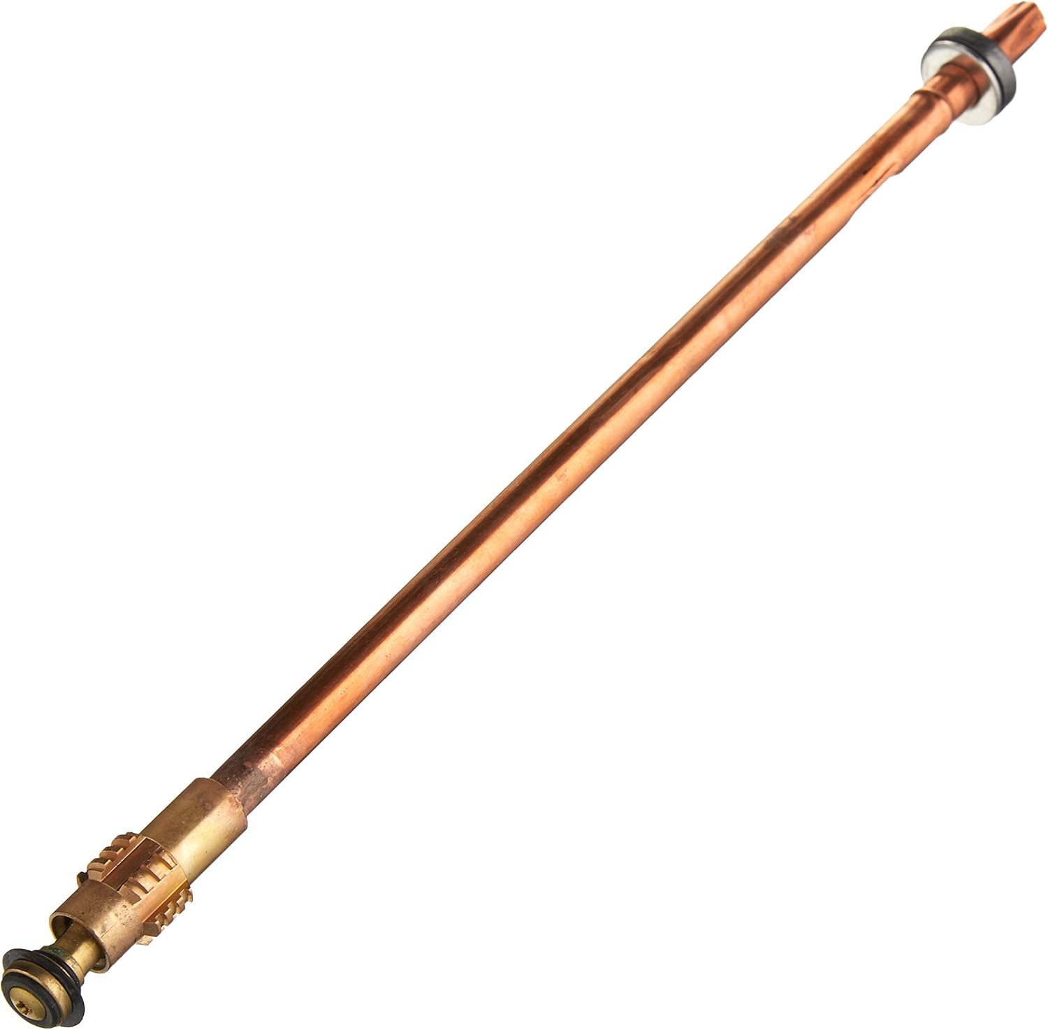 Copper valve stem assembly with brass fitting, rubber washer, and metal band at lower end.