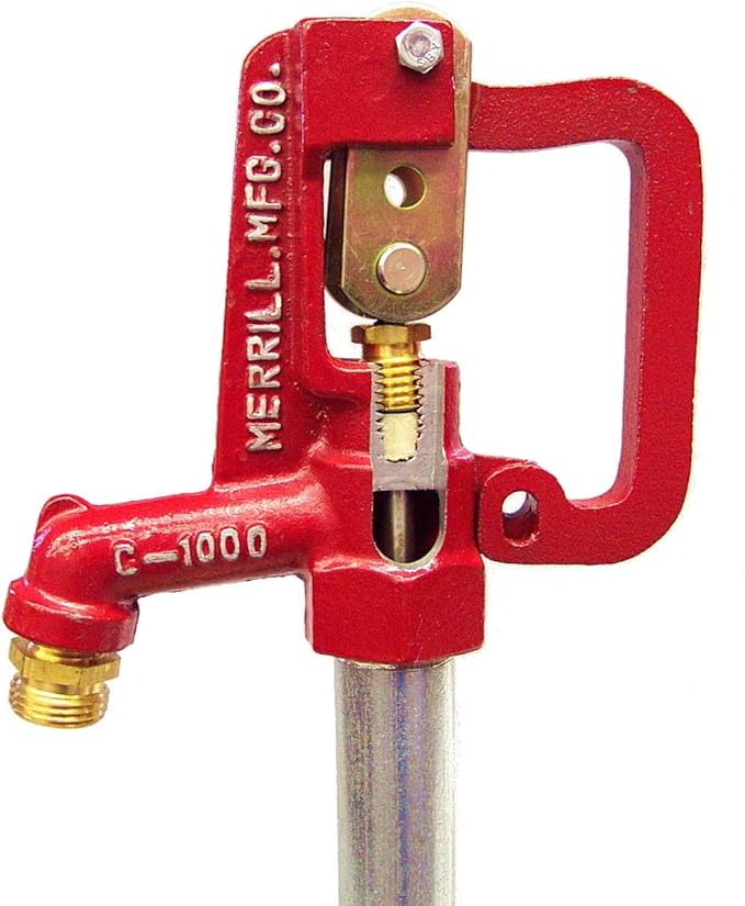 Red frost proof yard hydrant with brass spout and handle, mounted on metal post.