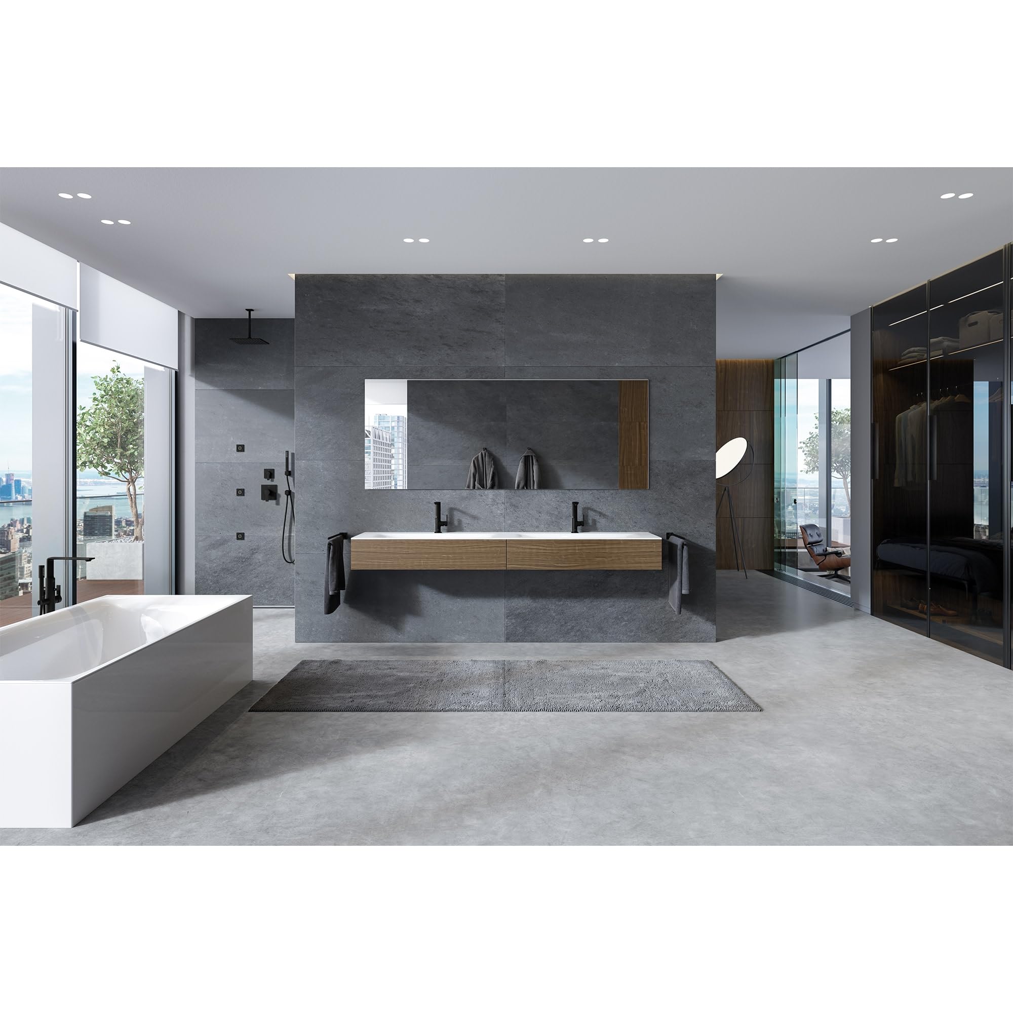 Chrome single-handle freestanding tub faucet with hand shower mounted on bathtub rim in modern bathroom.