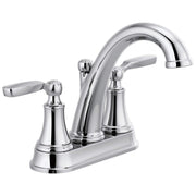 Chrome two-handle centerset bathroom faucet with curved spout and lever handles.